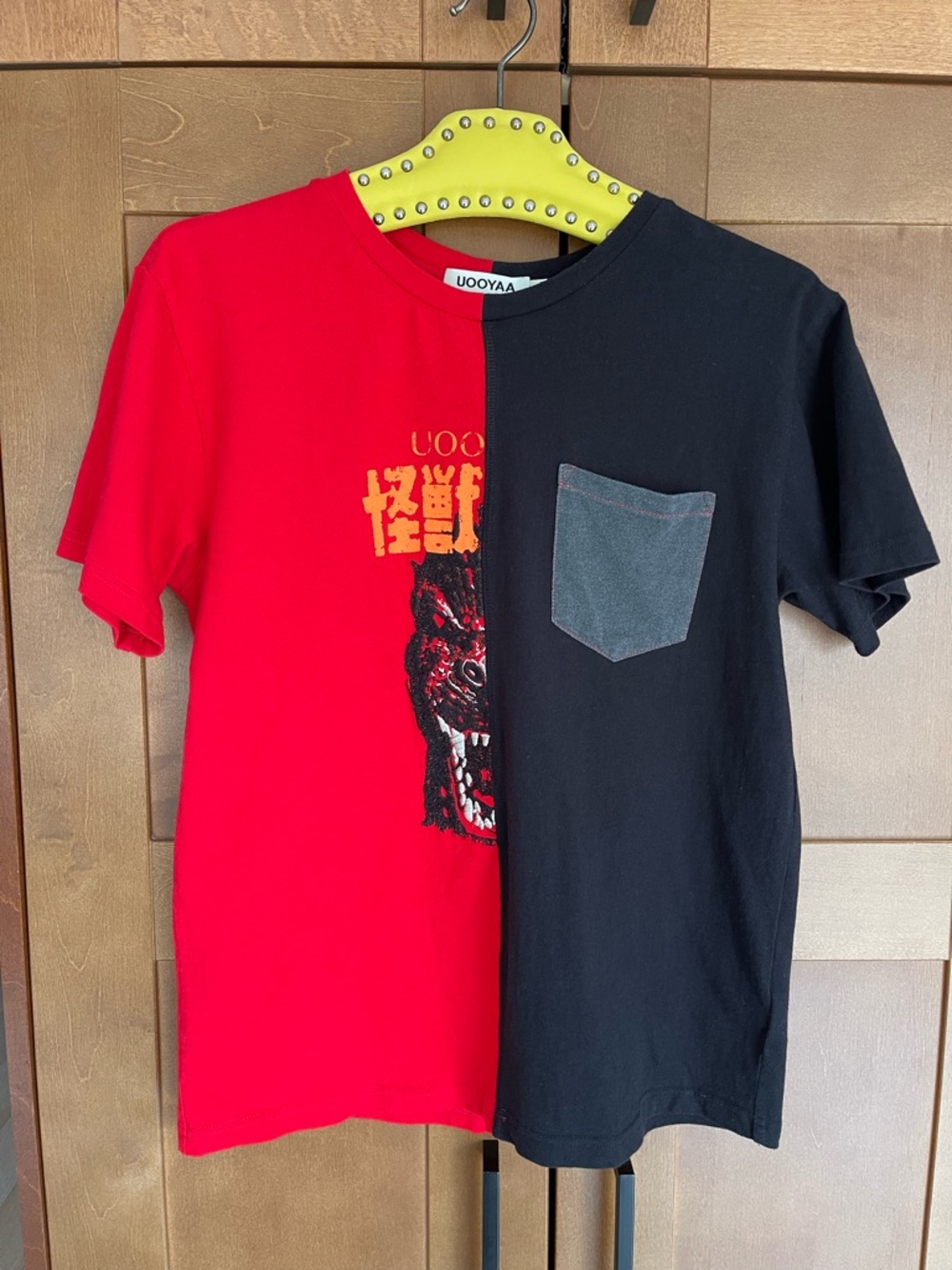UOOYAA Shanghai Red & Black Split Tee with Embroidered Monster Design - Small